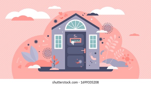 Stay Home Vector Illustration. Scared Human In House Flat Tiny Person Concept. Corona Virus Covid-19 Transmission Risk Prevention By Not Going Outside. Dangerous Microbe Environment Health Protection.