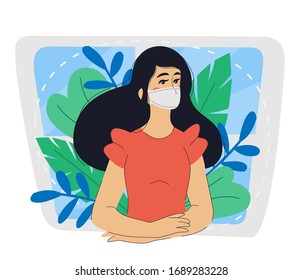 Stay at home vector illustration. Self-isolation during the quarantine. Self-protection and health awareness. Girl in the mask near the window. Social banner or card. 