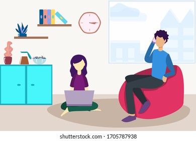 Stay home vector illustration. Symbolic man and woman at home do their own thing. Hygge lifestyle concept. Relax in home comfort. 