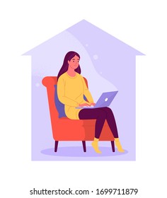 Stay home. Vector illustration of a young pretty woman sitting in a red armchair and working on a laptop. Isolated on white
