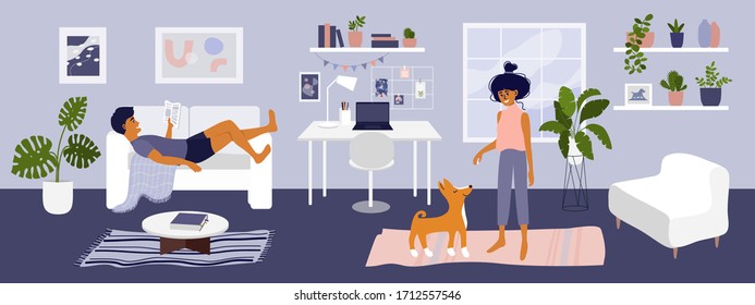 Stay at home vector illustration. Young couple spending time in living room, man reading book, cute girl playing with dog. Card cozy modern apartment interior with houseplants. Coronavirus quarantine.