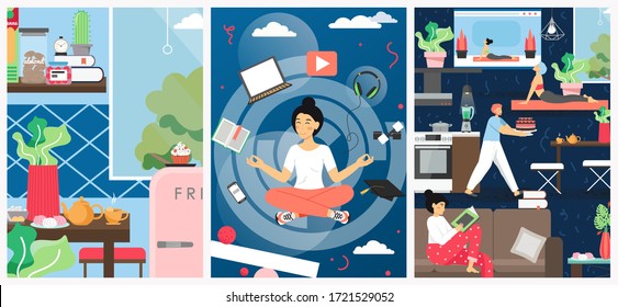 Stay home vector poster template set. People meditating, reading book, making cake, practicing yoga, learning and working from home to prevent corona virus COVID-19 disease spread, flat illustration.