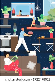 Stay home vector poster template. People reading book, making cake, practicing yoga at home complying with corona virus quarantine rules, restrictions to stop COVID-19 disease spread. Self isolation.