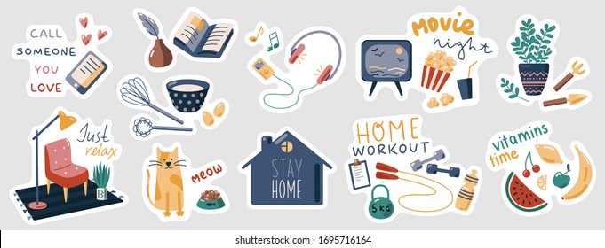 Stay Home vector stickers set. Collection of flat cartoon stickers with slogans. Sport, reading, listening to music, cooking. Isolation concept, health care. Home activity. Things to do at home