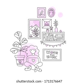 Stay home vector stock illustration, doodle style. Work from home, stay safe. Quarantine, self-isolation. Cozy mood, hygge concept. Stop coronavirus. Isolated on white. Watercolor effect.