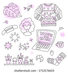 Stay home vector stock illustration, doodle style. Work from home, stay safe. Quarantine, self-isolation. Cozy mood, hygge concept. Stop coronavirus. Isolated on white. Watercolor effect.