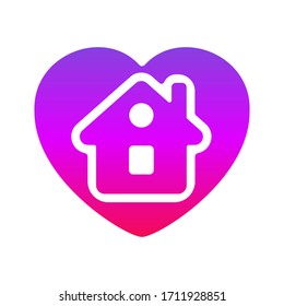 Stay home vector symbol. Home inside heart sticker pink - purple colour.