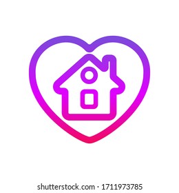 Stay home vector symbol. Home inside heart sticker pink - purple colour.