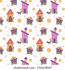 Stay home vectorseamless pattern with houses. Cute kids print.