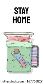 Stay home vertical banner for social media and stories. Poster with typography. Girl reading book on the bed postcard. Freelance lifestyle illustration