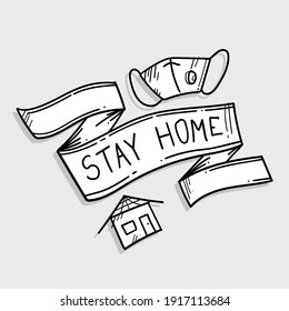 stay home vintage ribbon handdrawn doodle lettering