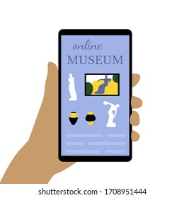 Stay home and visit the museum online.  Gallery and museum in mobile phone. Artwork, exhibit and sculptures. Vector illustration.