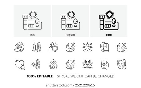 Quédate en casa, voluntarios y termómetros iconos de línea. Paquete de seguro familiar, mejora de la seguridad, icono de fiebre. Prueba de Covid, App de salud, pictograma de termómetro de Clima. Biometría facial. Iconos de línea. Vector