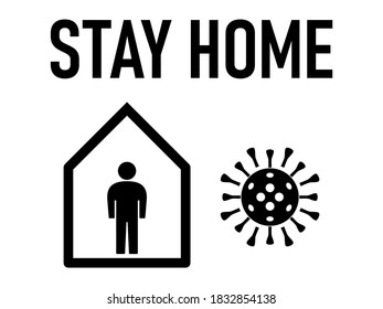 Stay Home Warning Instruction Sign against the Spread of Coronavirus Covid-19 with Person at Home and Virus Icons. Vector Image.