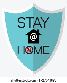 Stay at home warning poster style with shield. Design for self protection times. Vector concept of quarantine and social distancing campaign. Stop Covid-19 or coronavirus outbreak or pandemic.