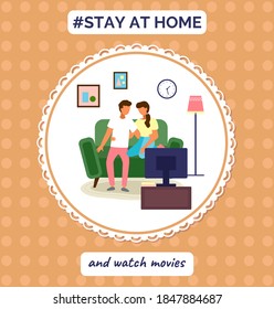 Stay at home and watch movies. Quarantine self-isolation at home. Prevention of covid-19 or coronavirus. Virus outbreak. People staying safe, careful. Couple making leisure during world epidemic