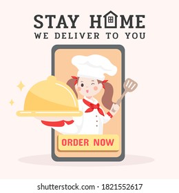 Stay at home, We deliver to you.online business on smartphone,mobile app.order now banner.food served by cute chef.Vector illustion design.