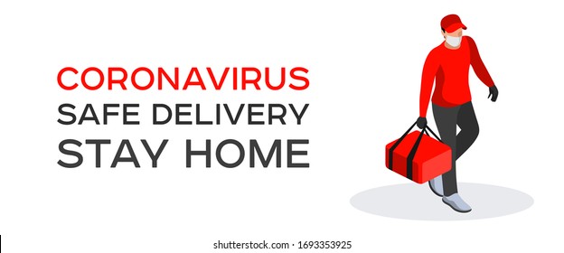 Stay home, we will deliver the food. A courier in a medical mask and medical gloves delivers orders. Isometric logistics and safe delivery concept. Delivery home and office. City logistics. 