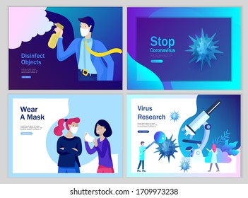 Stay at home, wear mask, disinfect objects, work at home, use antiseptic, keep distance concept of coronavirus prevention. Protection and revention of 2019-nCoV, banner and landing page, vector
