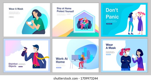 Stay at home, wear mask, disinfect objects, work at home, use antiseptic, keep distance concept of coronavirus prevention. Protection and revention of 2019-nCoV, banner and landing page, vector