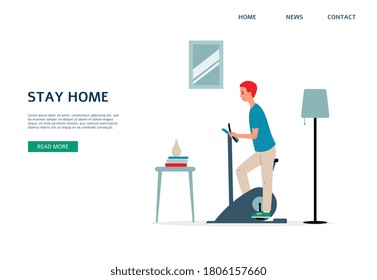 Stay home website banner or landing page design depicting man training at home, flat vector illustration. Healthy sportive home recreation activity concept.