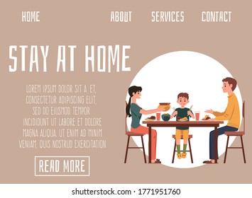 Stay at home website banner template with family cartoon characters eating together at table, flat vector illustration. Dining at home and family joint leisure.