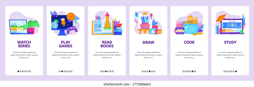 Stay home website and mobile app onboarding screens. Menu banner vector template for web site and application development. Stay at home app for people in quarantine. Watch tv, draw, cook, read book.