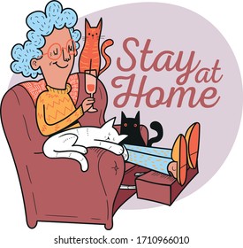 Stay at Home. Woman drinks wine sitting with her cats