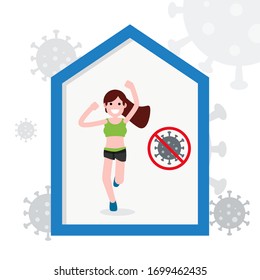 Stay at home. Woman exercise at home. Coronavirus covid-19 pandemic outbreak. Health care and medical. Flat character vector.