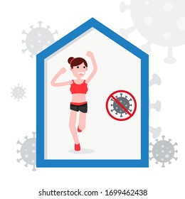 Stay at home. Woman exercise at home. Coronavirus covid-19 pandemic outbreak. Health care and medical. Flat character vector.