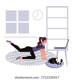 stay at home. woman exercise doing in the room. vector illustration