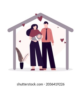 Stay home. Woman and man with newborn baby. Happy childbirth and motherhood. Cartoon mother and father staying indoor. Cute wife with husband and little kid. Young family. Trendy vector illustration