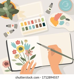 Stay at home. Woman paints flowers in sketchbook. Vector illustration. Concept for self-isolation during quarantine and other use.