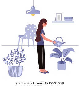 stay at home. woman watering the plant in the living room. vector illustration