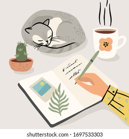 Stay at home. Woman writes a diary at home. Vector illustration. Concept for self-isolation during quarantine and other use.