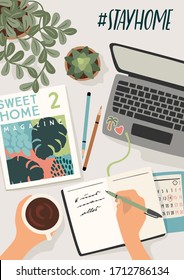 Stay at home. Woman writes in a diary, works at home. Vector illustration. Concept for self-isolation during quarantine and other use.