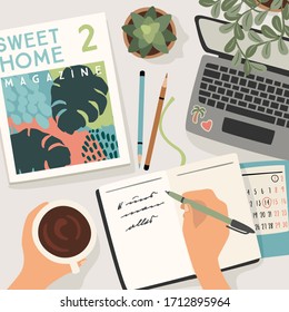 Stay at home. Woman writes in a diary, works at home. Vector illustration. Concept for self-isolation during quarantine and other use.