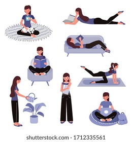 stay at home. women doing different activities. vector illustration