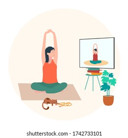Stay at home. Women doing exercises, yoga with teacher, tutor, personal trainer, on-line, learn how to do, relax, during quarantine. Sport, lesson, leisure and hobby on isolation. Vector illustration