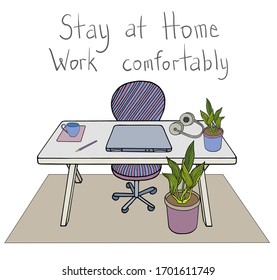 Stay at home, work comfortably concept. Home office workplace with desk, laptop, plant, headphones, mug of coffee. Hand drawn vector illustration. Remote work, quarantine, self-isolation, freelance