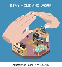 Stay at home and work concept with remote online work symbols isometric  vector illustration