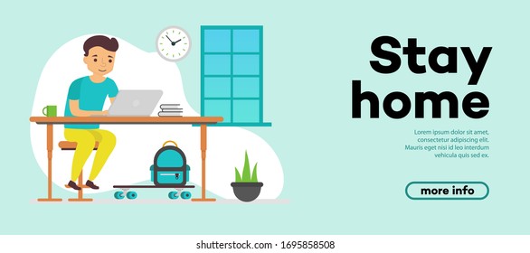 Stay at home, work from home, coworking space, concept illustration. Young man freelancer working on laptops at home. Self quarantine. Vector flat style illustration 10 eps