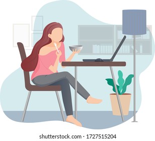 Stay at home. Work from home. Eating in front of the computer. People using laptop. Shelter in place. Flat design.