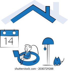 
Stay Home Work Home.Protect Yourself. Prevent Virus Covid-19.Stay Home on Quarantine 14 days During the Coronavirus Epidemic.Vector Illustration doodle man or woman with laptop.
