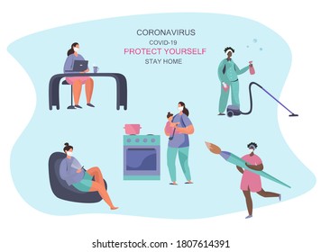 Stay Home Work Home.Protect Yourself.Family keeping Distance for Decrease Infection Risk For Prevent Virus Covid-19.Stay Home on Quarantine During the Coronavirus Epidemic.Vector Illustration