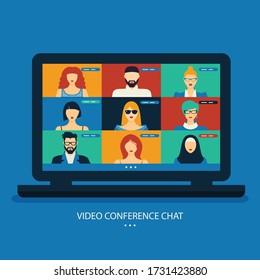 Stay home and work in internet. Video conference chat illustration. Workplace, laptop screen, group of people. Stream, web chatting, meeting friends online. Coronavirus and quarantine isolation