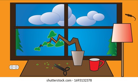 Stay at home, work from home, keep clean and protected from coronavirus infection.bonsai cartoon,comic.