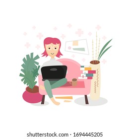 Stay Home Work Home. Home Office Metaphor. Freelancer Girl Working at Home. Stay Safe on Quarantine During the Coronavirus Epidemic. Vector Illustration. Flat Style. Happy woman sitting on sofa
