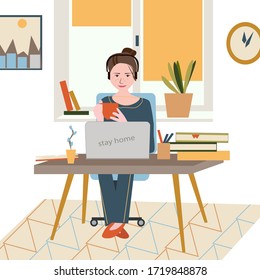 Stay Home Work Home. Protect Yourself. Stay Home on Quarantine During the Coronavirus Epidemic. Vector Illustration