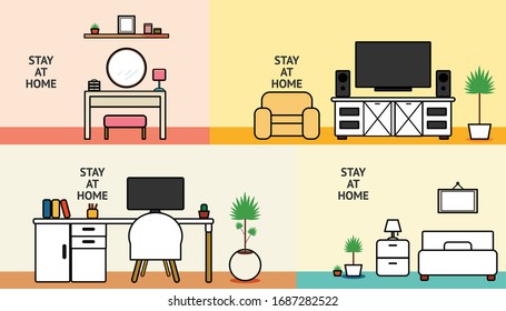 Stay at home. Work from home. Rooms in the house. Dressing room. Living room. Working room. Bedroom.